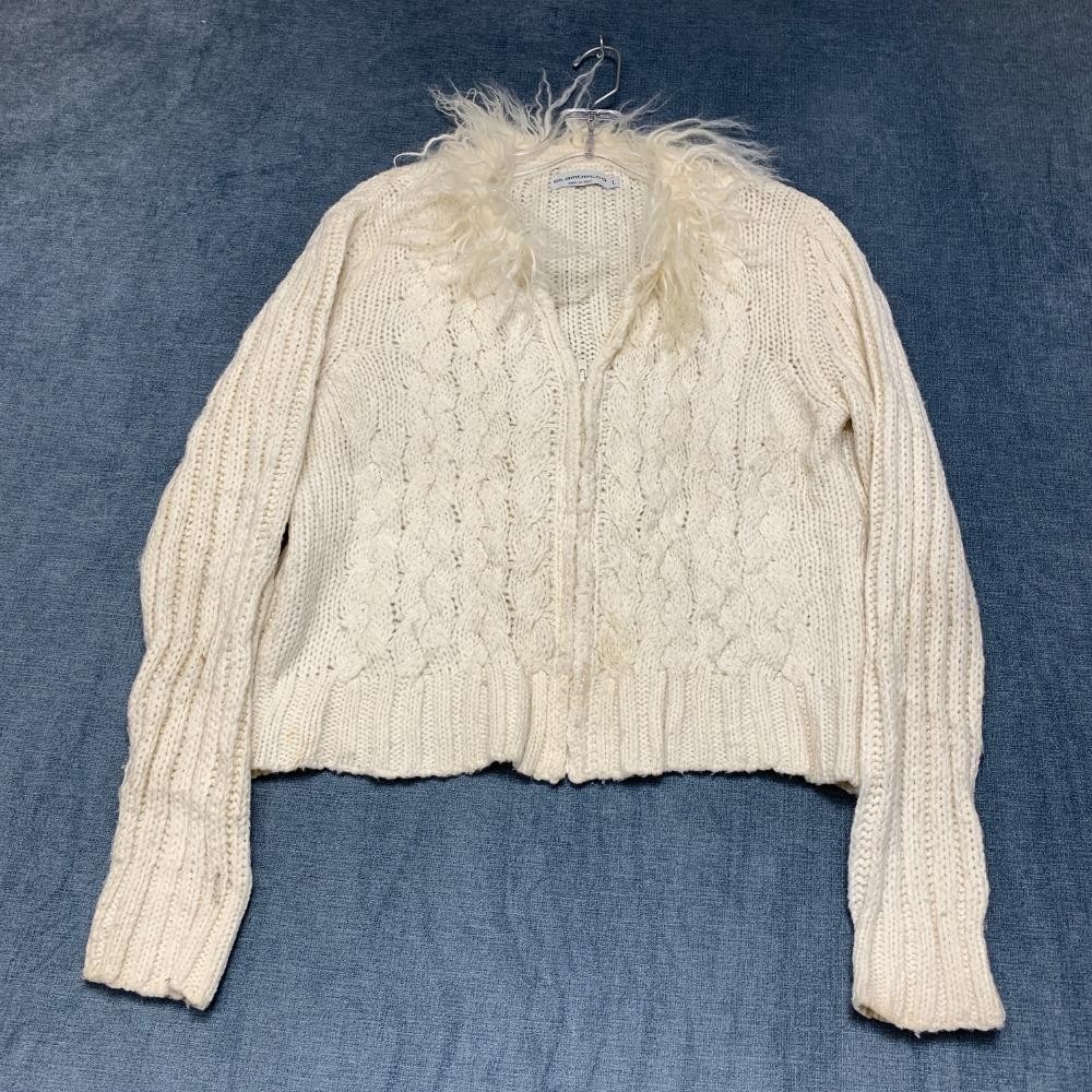Stambecco Cardigan Sweater Women Large White Cable Knit Full Zip Faux Fur Collar